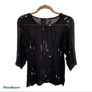 Chiffon Top Sequin Embroidered 3/4 Sleeve Black XS